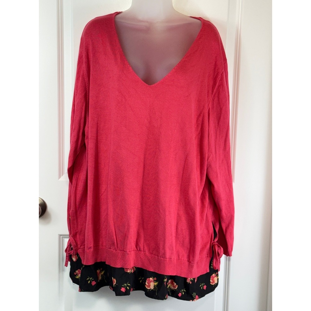 Terra Sky Coral Punch V‎ Neck Floral Trim Tunic Sweater Plus Size 4X Valentines